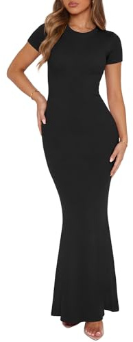 REORIA Women's Summer Sexy Casual Lounge Long Dress Elegant Wedding Guest Short Sleeve Crew Neck Bodycon Maxi Dresses Black XS