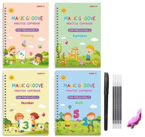 4 Stück Zauberhefte für Kinder, Magic Books for Children, Magisches Heft, Magisches übungsheft mit Stift, Groove Calligraphy Wiederverwendbares Handschrift Kalligraphie Schreiblernheft für Kinder