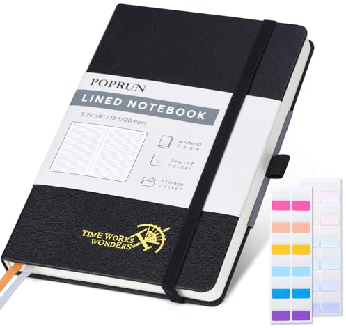 POPRUN Notizbuch A5 liniert, 120 GSM Papier für Frauen und Männer, 128 nummerierte Seiten, Hardcover mit Selbstklebenden Registerkarten und 8 Abreißblättern - Schwarz