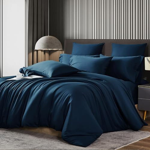 Luowei Bambus Bettwäsche 220x240 cm Kühlend & Atmungsaktiv, Marineblau | 100% Bambus Lyocell Bettwäsche Set, 3-teilig, Seidig Weich OEKO-TEX Bettbezug mit Reißverschluss und 2 Kissenbezüge 80x80 cm