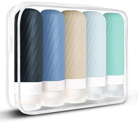 Laxen 5 Pack Travel Bottles for Toiletries with Labels, 90ML Silicone Travel Bottles Set with Clear Zipper Toiletry Bag, Leakproof Refillable Squeeze Travel Size Containers for Shampoo Conditioner