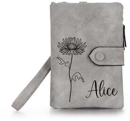 OTXIXTO Billeteras de Cuero Personalizadas para Mujer Flor de Nacimiento Billetera con Nombre con Cremallera Monedero con Correa para Muñeca Damas Billetera para Novia Esposa Día de Madre - Gris