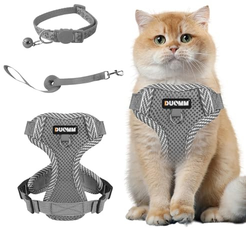 Muecleao Katzengeschirr mit Leine Ausbruchsicher, Katzenleine mit Geschirr für Katzen, Verstellbares Katzengeschirr Katzenhalsband mit Reflektierenden Streifen für Outdoor Training Gehen (Grau, M)