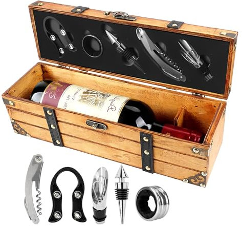 Weinzubehör-Geschenk-Set mit Vintage-Holzkiste,Antike Hölzerne Weinflaschenkiste mit Handgriff,5-teiliges Wein-Zubehör-Set,Wein-Geschenksets für Männer und Frauen,Sommelier-Set (Antike)