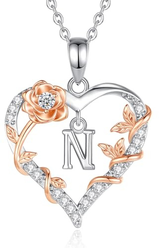 EUDORA Harmony Ball Rose Heart Initial I Necklace for Wome, Alphabet Letter Necklaces Copper Rhodium Plated A-Z Letter Pendant with Cubic Zirconia, Initials Jewelry Gifts for Women Wife, 18