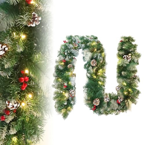 FIVMEN Weihnachtsgirlande mit Beleuchtung 800 cm Tannengirlande Weihnachtskranz Türkranz Weihnachten Stecker Stromversorgung mit Tannenzapfen Rote Beere und Schneeflocken Weihnachtsdeko Aussen