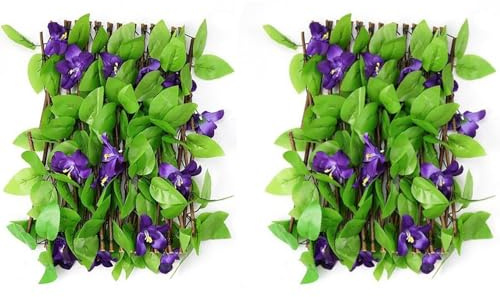 Expanding Garden Trellis Panels - 200x40cm Expandable Garden Fence Screening With Artificial Ivy And Violet Flower | Telescopic Fence Garden Greenery | Faux Ivy Leaf Privacy Screen Panel(2pcs)