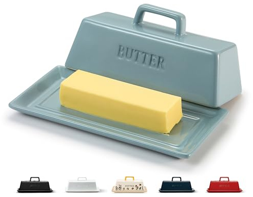 Kook Ceramic Butter Dish with Lid, Kitchen Countertop Butter Keeper, Serving Tray with Cover, Storage Container, Holds 1 Stick, Microwave and Dishwasher Safe, Casper Blue
