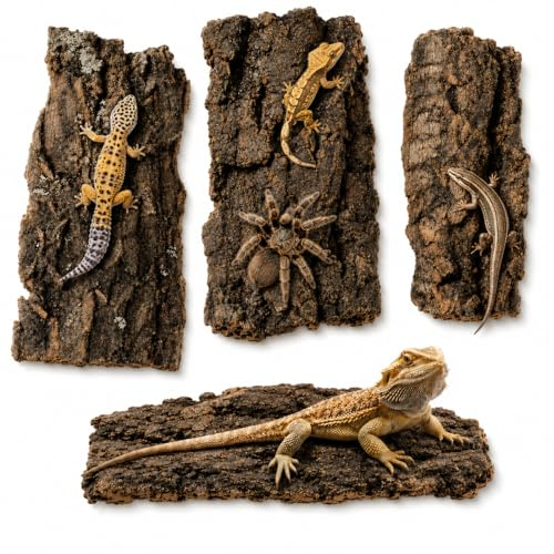 Homoyoyo 4 Pcs Cork Bark Flats for Reptile Terrarium, Natural Tree Bark Pieces Approx 8-14 cm, Small Gecko Hide, Tarantula Spider Enclosure Decor, Vivarium Climbing Background for Lizards Snakes