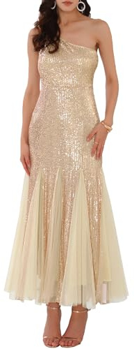 WOMLAYOUT Robe de Cocktail pour Femme à Paillettes Maxi Asymétrique Sirène Robes de Soirée de Bal Robes de Mariée Champagne S