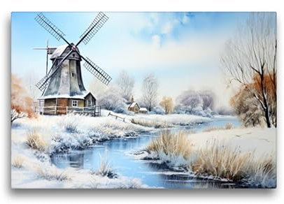 CALVENDO Premium Textil-Leinwand 45 x 30 cm Querformat Winterliche Landschaft mit Windmühle | Wandbild, HD-Bild auf Keilrahmen, Wanddekoration, Kunstdruck von Sabine Löwer