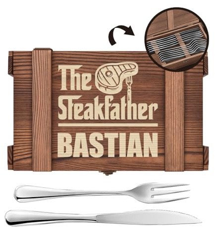 Maverton Steakbesteck 12-teilig - 6 Steakmesser und 6 Steakgabel - Edelstahl Grillbesteck in Holzkiste - personalisierte Geschenke für Männer - Besteck Set für 6 Personen