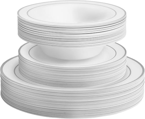 MATANA 75 Pcs Reusable White & Silver Plastic Dinnerware Set for 25 Guests - 25 Dinner & 25 Dessert Plates, 25 Bowls - Perfect for Weddings, Parties, Birthdays