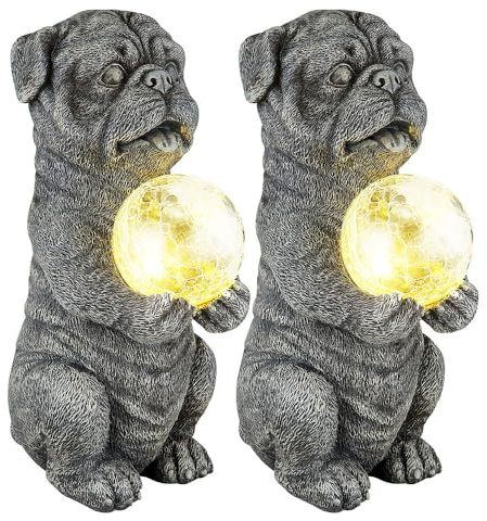 GLOBO Solarleuchte Hund Gartendeko Tierfigur grau Solarlampe Kugel Bruchglas Hund, LED warmweiß, LxBxH 17,5x13x29 cm, 2er Set