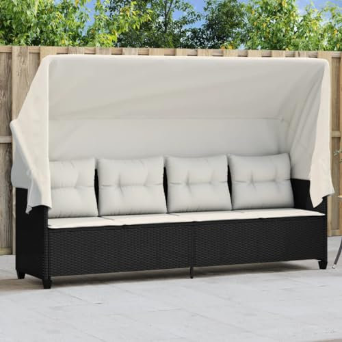 IKAYAA Loungebett Outdoor mit Liegefunktion, Balkonsofa 3 Sitzer mit Dach, Gartensofa Polyrattan, Gartenbett, Liegesofa, Relaxliege, Sonnenliege mit Dach Schwarz und Creme