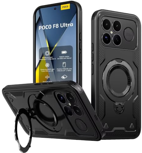 KANSi Case for Xiaomi POCO F8 Ultra, Rugged Phone Case with Kickstand and Ring Holder - Black