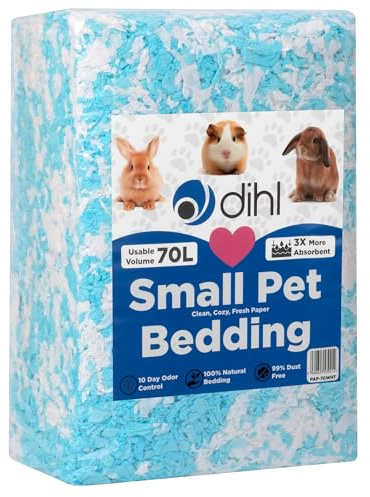 Dihl 70 litres - Litière en papier bleu super absorbant pour petits animaux - Absorbe 6 fois son poids en liquide - Pour hamster, souris, rat, lapin, cochon d'Inde, gerbille - 70 l