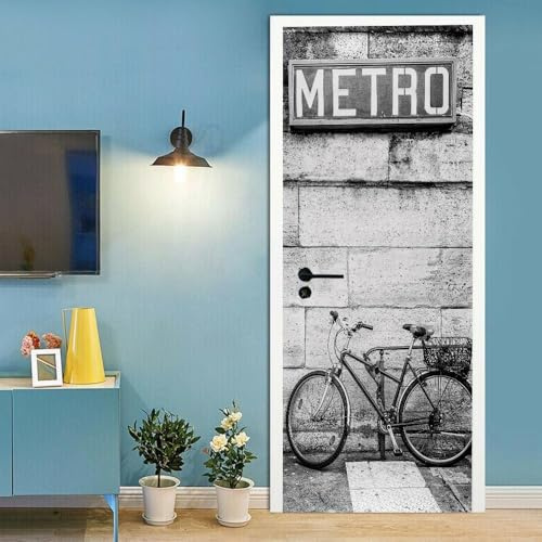 Türposter Schwarz-weißes Fahrrad PVC Türaufkleber Fototapeten Wasserdichte Tapete Türfolie Selbstklebend TürPoster 77x200cm Wohnzimmer Schlafzimmer Küche Toilette