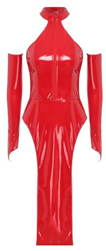 Vxuxlje Lederkleid Damen Gothic Kleidung Karnevalskostüm Wetlook Bodycon Kleid Fasching Kostüm Rave Party Clubwear Nachtclub Outfit Rot XXL