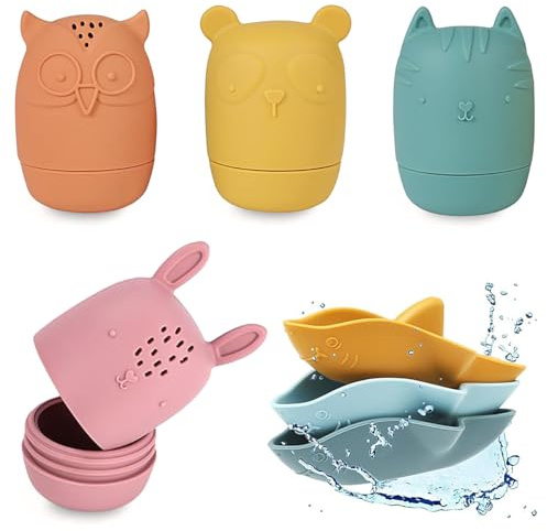 Huucozn 7 Pezzi Giocattoli da Bagno in Silicone Giocattoli Acquatici per Vasca da Bagno Giocattolo da Bagnetto Morbido Giochi Bagnetto Animali in Silicone per Vasca da Bagno, Piscina, Spiaggia