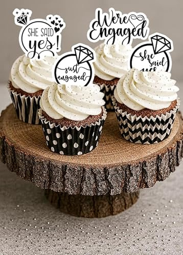 28 x PRE CUT BLACK AND WHITE ENGAGEMENT STAND UP EDIBLE WAFER CARD RICE PAPER CUPCAKE TOPPER DECORATIONS