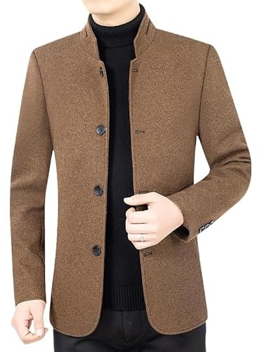 HUIANGLIYG Blazer À Chevrons pour Homme, Veste de Costume Vintage en Tweed de Laine Mélangée, Col Mandarin, Simple Boutonnage, Manteau en Laine Décontracté, Coupe Vent, Marron Foncé, Taille L