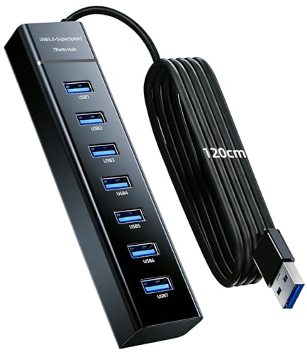 Hub USB 3.0 Alimentado de 7 Puertos con Cable de 120 cm, Concentrador de Aluminio 5 Gbps con Adaptador 5V 3A Tipo C para PC, Portátil, MacBook, Ratón, Teclado y Disco Duro