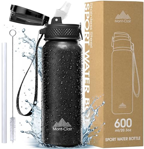 Mont-Clair Borraccia in Acciaio Inossidabile con Cannuccia - 600ml - Borraccia in Metallo senza BPA - Bottiglie d'Acqua per Bici Campeggio Sport - Disegno Brevettato - Nero