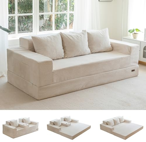 MAXYOYO Bäddsoffa, manchestergolv, hopfällbar soffa med mugghållare och dekorativ kudde, bekväm kompressionssoffa för vardagsrum, sovrum, gästrum, beige, 3-sits