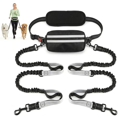 Hands Free Hundeleine mit Hüfttasche, Doppel Hundeleinen für mittelgroße Hunde, Hunde Laufgürtel mit Verstellbarer Taille, Hunde Walking Gürtel zum Laufen, Spazierengehen, Wandern