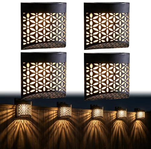 WRQIOO Moroccan Solar Fence Lights, 4 Pack Solar Fence Lights Outdoor Garden, Sola-r LED Marco Wall and Fen-ce Light with IP44 Waterproof & Warm White for Garden, Patio, Wall (11 * 11 * 5.5cm)