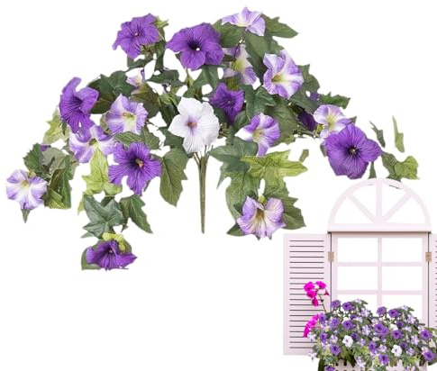Konstgjorda blommor – hängande petunia, tillbehör för utomhusväxter, morgonhärlighet, vårträdgårdsprydnad | upphängningsbara konstgjorda blommor design för veranda, gård, uteplats, bröllop, användning