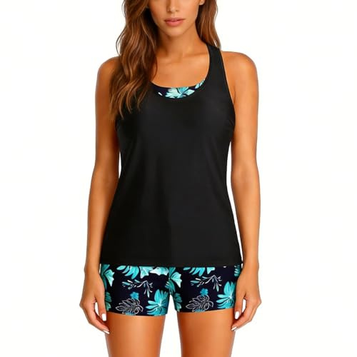 Maillot de Bain Femme 3 Pièces Tankini Haut + Soutien-Gorge + Short Imprimé été Swimsuit pour la Plage et la Piscine
