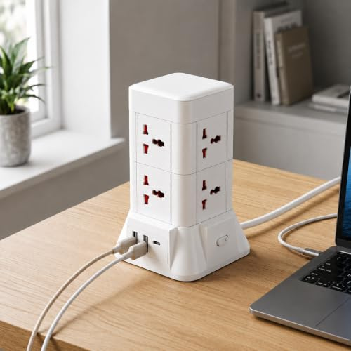 Tower Extension Lead 6 Sockets USB-C USB Wireless Charger 4.8m 2500W Extension