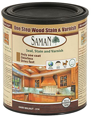 SamaN Interior One Step Wood Seal, Stain and Varnish – Oil Based Odorless Dye - Protection for Furniture and Fine Wood (Dark Walnut SAM-314, 32 oz)