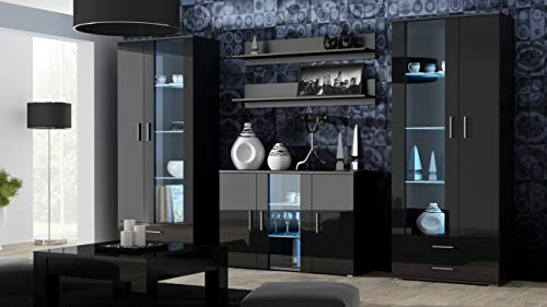 Wohnwand SOHO 10 mit Blauer LED Beleuchtung, Anbauwand, Wohnzimmerschrank, Schrankwand, Vitrine, Lowboard, Hängeregal (Schwarz/Schwarz Hochglanz)