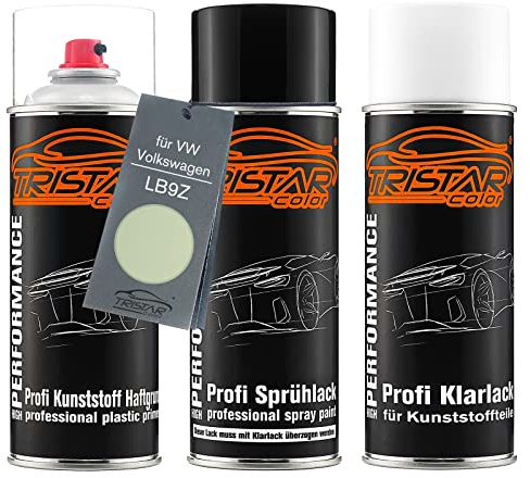TRISTARcolor Autolack Spray Kunststoff für VW LB9Z White Silver Metallic | für VW / Volkswagen, Sprühdosen-Set für Stoßstange/Plastik, Kunststoff-Haftgrund + Basislack + Klarlack