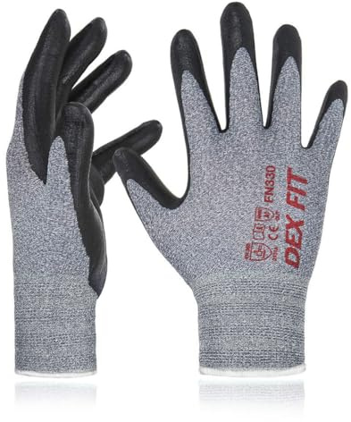DEX FIT FN330 Guantes de Trabajo de Nitrilo, Ajuste Cómodo 3D, Guantes Táctiles para Almacén, Jardinería, Taller, Bricolaje y Trabajo General, Hombre y Mujer Gris, S, 12 Pares