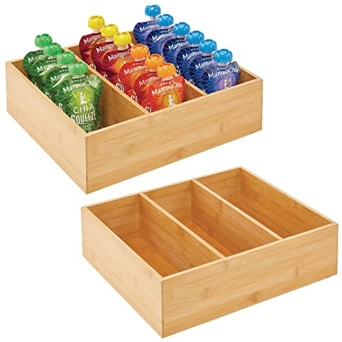 mDesign Bamboo Pantry Organizer Bin Box, 3 Sections - Wooden Stackable Basket Crates for Food, Produce, Vegetable Storage - Use on Shelves or in Closet, 2 Pack, Natural/Tan