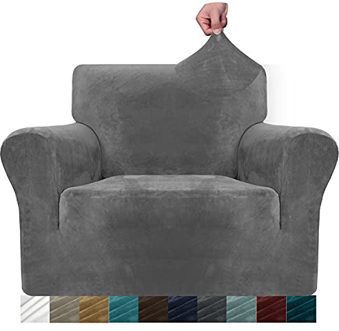 MAXIJIN Thick Velvet Chair Covers for Armchairs Super Stretch Non Slip Sofa Cover 1 Seater Dogs Cat Pet Living Room 1-Piece Elastic Couch Protector Chair Slipcover with Arms (1 Seater, Grey)