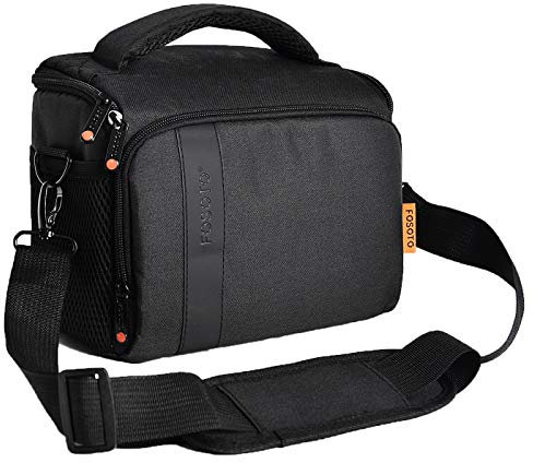 FOSOTO Waterproof Anti-Shock Camera Shoulder Bag Case Compatible for Canon EOS 4000D 2000D 77D 60D 80D 6D MarkII M50 M6, Nikon D3500 D3200 D5600 D7500, Sony Olympus with Raincover (Black)