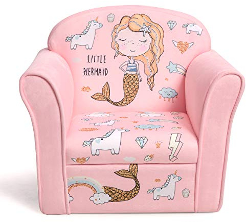 Costzon Kids Couch, Children's Sofa Armrest Chair with Pattern, Toddler Furniture w/Sturdy Wood Construction, Preschool, Lightweight Kids Couch Sofa Chair for Aged 1-5 Boys & Girls Gifts, Mermaid