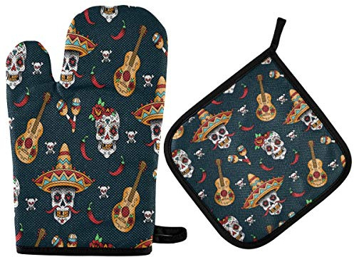 HMZXZ RXYY Mexique Maniques de cuisine en coton matelassé avec doublure en coton, gants de barbecue et supports de casseroles résistants à la chaleur