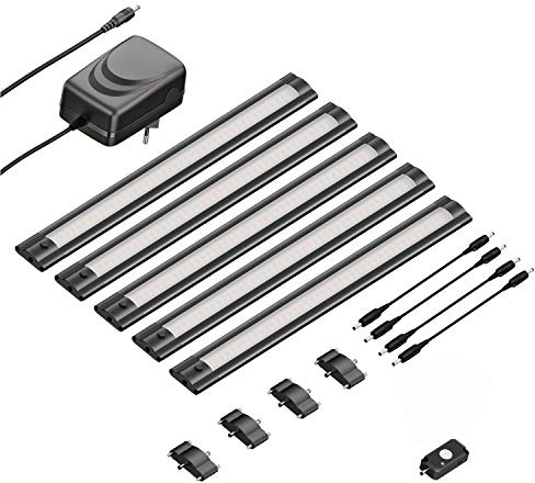 ledscom.de 5er Set LED Unterbau-Leuchte SIRIS schwarz matt mit Bewegungsmelder, flach, je 30cm, je 368lm, warmweiß