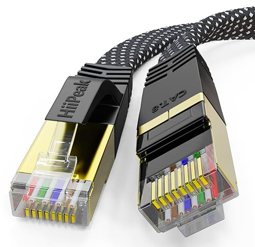 HiiPeak Câble Ethernet 5 m Cat 8 Nylon plat, câble LAN réseau haute vitesse 40 Gbit/s et 2000 Mhz avec connecteurs Rj45 plaqués or, câble Internet