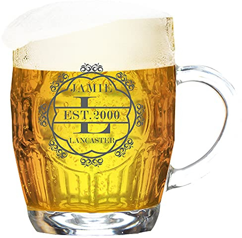 GiftsOnline4U Personalised Tankard Glass Men Stein Engraved Dimple 1 Pint Beer Traditional Tanker Handle Round Ornate Initial Gift Box 590 ml