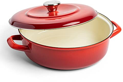 Merten & Storck German Enameled Iron, Shallow Round 26 cm/3.8 Litre Dutch Oven with Lid, Induction,Lava Red