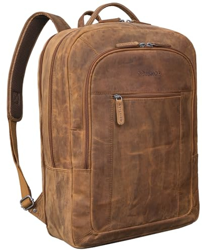 STILORD Erikson ryggsäck i läder XL laptopryggsäck 15 16 17 tum affärsryggsäck stor läderryggsäck vintage med trolleyfäste och stöldskyddsfack Farbe:Tan - mörkbrun