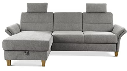 CAVADORE Schlafsofa Wyk mit Federkern / Ecksofa im Landhaus-Stil mit Longchair, Bett, Bettkasten, Armteilfunktion + 2 Kopfstützen / 252 x 90 x 162 / Chenille, Hellgrau