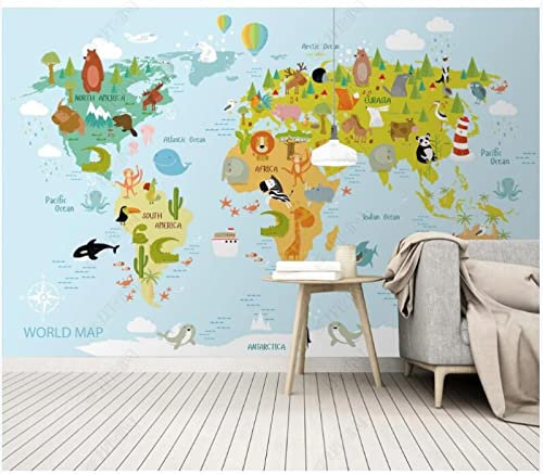 Papel Pintado Pared Moderno Decoracion Pared Salon Papel Tapiz, Papel Pintado Infantil Fotomurales Decorativos 3D Mapa Del Mundo Animal De Dibujos Animados